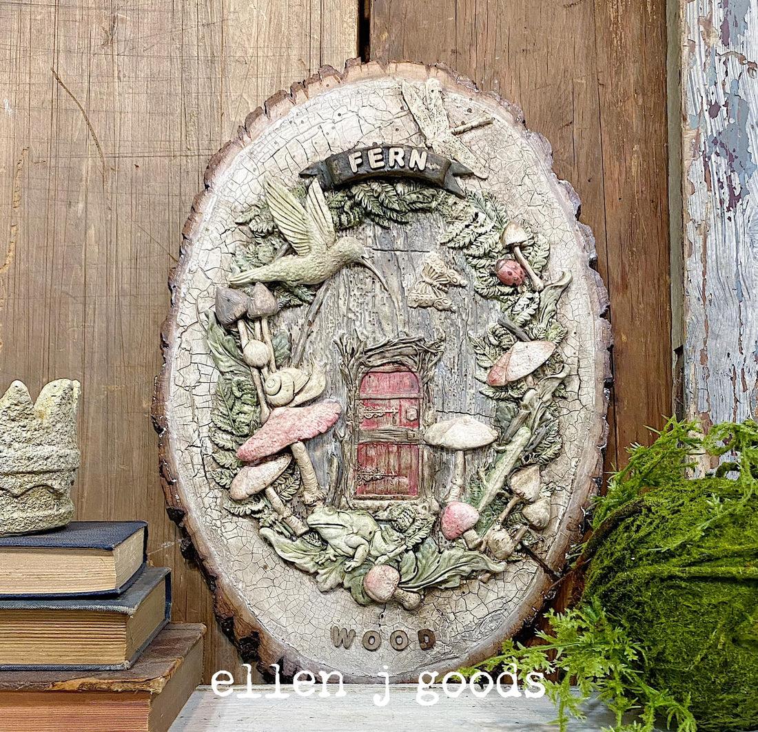 Iron Orchid Designs Dewdrop Pond, Hidden Hollow, and Toadstool mould on a garden sign by Ellen J Goods