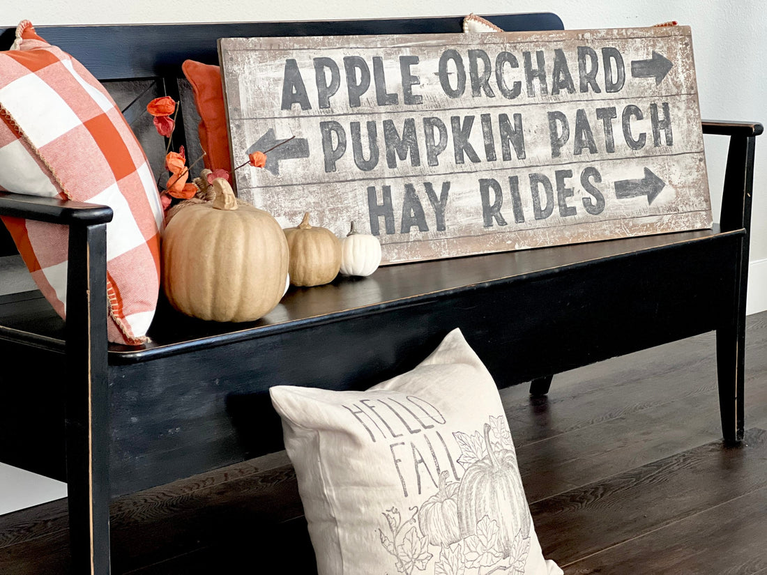 Vintage Fall Sign on Front Porch Bench