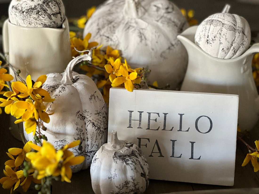 Hello Fall Sign with White Printed Pumpkins Surrounding