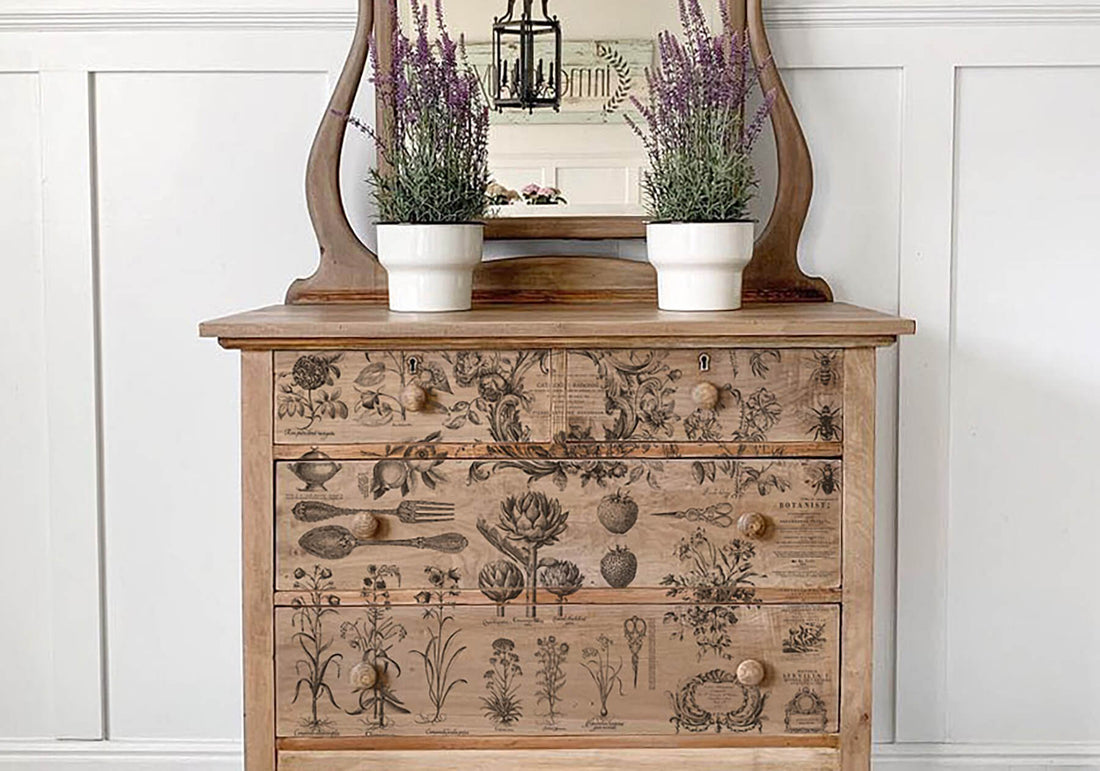 IOD Melange Paint Inlay on a large wooden dresser