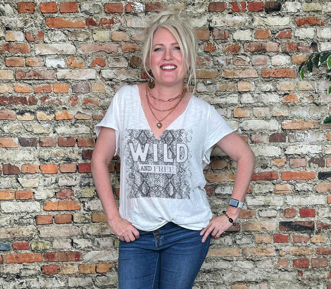 Sally wearing Wild and Free Shirt Stamped with IOD Stamps