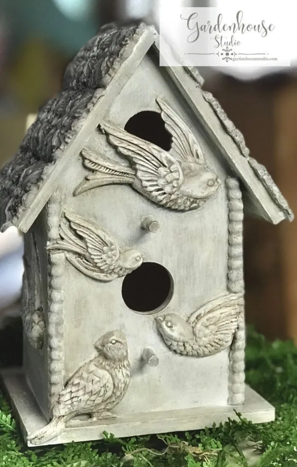 Wooden birdhouse decorated with IOD mould